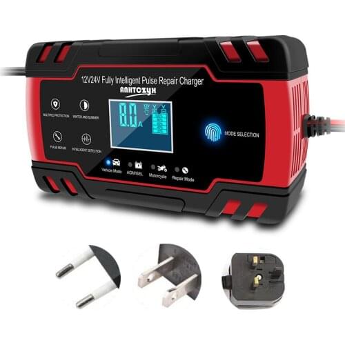 Motorcycle Car Battery Charger 12/24V 8A Touch Screen Pulse Repair Digital LCD Display Battery Charger For Car Lead Acid Battery