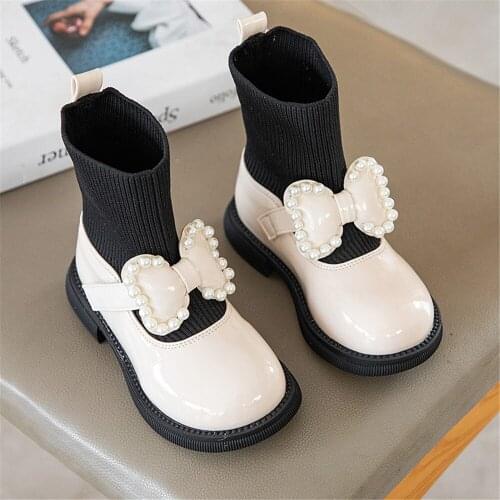 Girls Boys Fashion Boots PU Leather Knitting Patchwork Slip On Kids Socks Shoes Anti Slip Children Ankle Boots Bow pearl leather