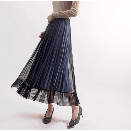 Peikong Brand Autumn Winter One Size High Waist Pleated sequin satin Flash Mesh Skirts Womens Long warm Sexy layer Skirt Tulle