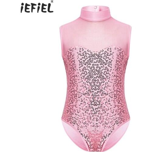 Kids Girls Sparkly Sequins Sleeveless Ballet Leotard Dancewear Mock Neck Tulle Ballet Dance Costume Gymnastics Exercise Jumpsuit
