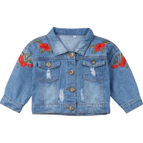 Toddler Kids Girls Denim Jacket Rose Flower Embroidery Long Sleeve Ripped Coat Button-Down Spring Fall Outwear Tops, 1-5 Years
