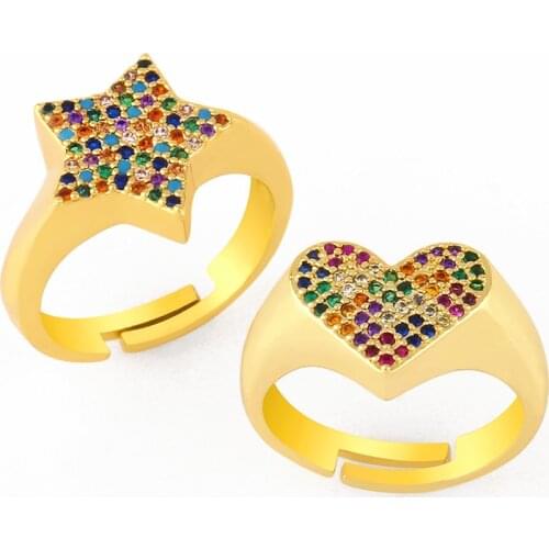 FLOLA Multicolor Heart Rings For Women Gold Pave Star Open Cuff Finger Ring Adjustable CZ Cubic Zirconia Jewelry Gifts rigj90
