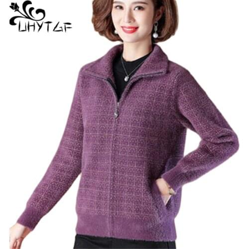 UHYTGF Mother Spring Autumn Jacket Cardigan Women Quality Mink Fleece Knitted Short Tops Outerwear Loose 5XL Plus Size Coat 2181
