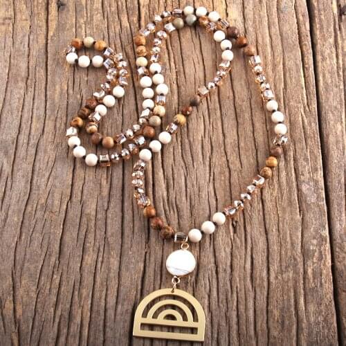 MD Fashion Bohemian Jewelry Accessory 6mm Natural Stones Glass Crystal Knotted Metal Semicircle Pendant Necklace Women Gift