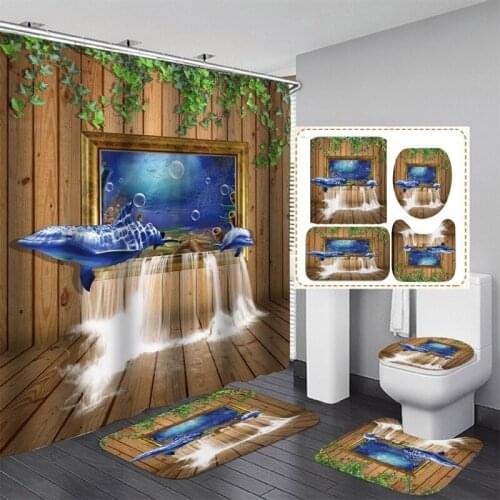 Home Decor Waterproof Shower Curtain Set with 12 Hooks Toilet Covers Bath Mat Bathroom Non-slip Rug Polyester Fabric Washable