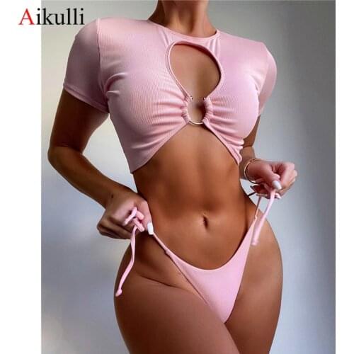 New Sexy Hollow Short Sleeves Bikini Set Swimsuit Women Ribbed Two-Piece Swimwear 2021 Female Summer Beachwear Swim Bathing Suit
