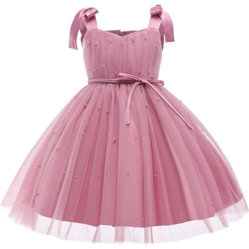 Pink Flower Girls Dresses For Wedding Beading Baby Birthday Party Summer Dress Cute Bow Toddler Girl Tulle Princess Ball Gown