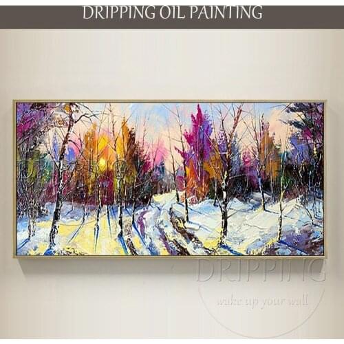 Hand-painted Winter Snow Landscape Oil Painting on Canvas Reproduction Hodyukov Bright Vivid Landscape Forest Trees Oil Painting