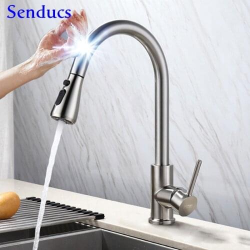 Smart Touch Kitchen Faucet Senducs Brushed Pull Down Kitchen Mixer Tap Automatic Sensor Kitchen Sink Faucet Brass Water Taps