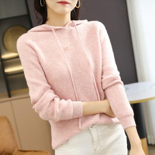 Hot Sale Soft Pure Wool Hoodie Sweaters 2021 New Knitted Jumpers Long Sleeve Fashion Winter Lady Cashmere Pullovers