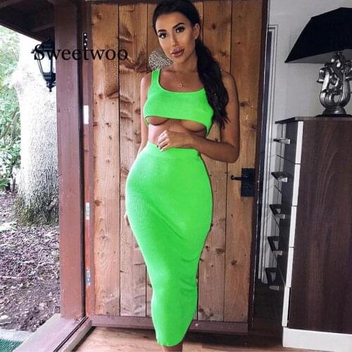 Knitted women two piece matching set crop top midi skirt sexy festival party 2020 winter clothing