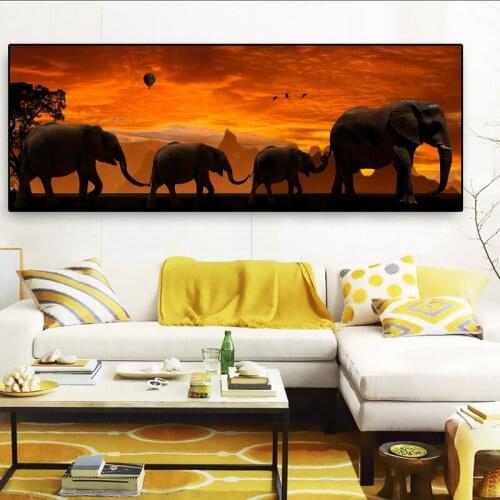 Sunset Tree African Elephant Landscape Painting on Canvas Animal Posters Art Wall Picture Decor For Living Room Decoration