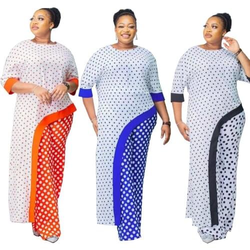 Elegant Women Dot Printing Two Piece Sets 2021 Summer Plus Size O-neck Half Sleeve Long Tops High Waist Straight Pants Outfits