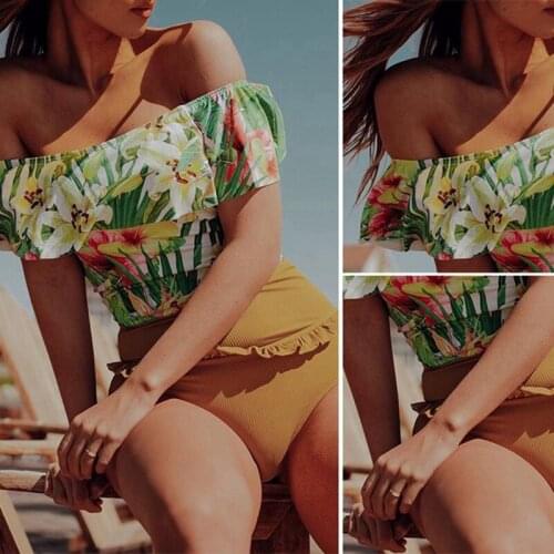 Womens One Shoulder Swimsuit Ruffled High Waist Split Printed Swimsuit Green