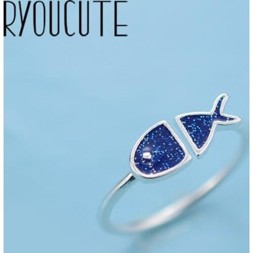 Vintage Silver Color Blue Fish Rings for Women Bijoux Gift Female Adjustable Size Finger Rings Anillos Wholesale