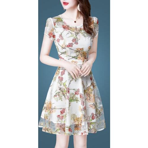 2021 Summer O-neck Short Sleeve Embroidered Slim Chiffon Dress Women Knee-length Plus Size Dresses Vintage Party Vestidos Y924