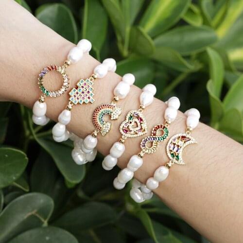 1pcs 5pcs Fashian Simple Style Pure Natural Freshwater Pearl Plastic Elastic Rope Beaded CZ Connector Charm Bracelet For Women