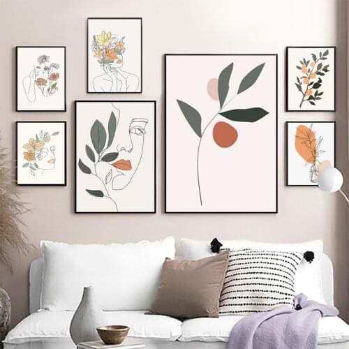 Abstract Flower Woman Face Line Orange Wall Art Canvas Painting for Living Room Home Decor Nordic Posters Prints Wall Pictures