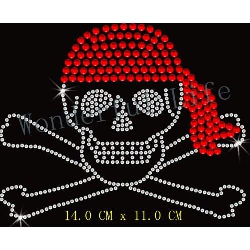 Free shipping skull with a cap s red with white clear crystal design hotfix rhinestones transfer design