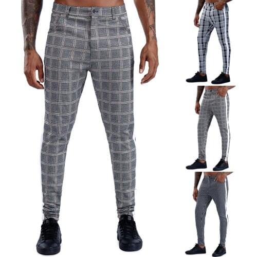 Mens Fashion Casual Pants Striped trousers Plaid Pants Pencil Pants High Elastic Business Casual Pants