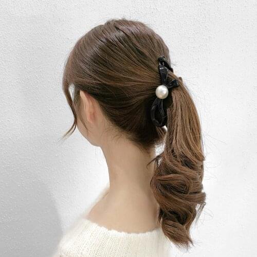 Black White Pearl Bow Banana Hair Clips Diamond Ponytail Holder Clamp