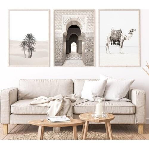 Camel Morocco Door Palms in Sahara Desert Landscape Wall Art Canvas Paintings Poster Prints Picture for Living Room Home Decor