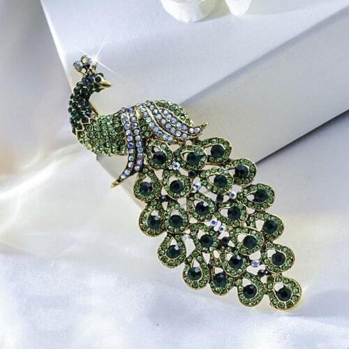Exquisite Fashion Peacock Bird Colorful Tone Brooch Pins Green Rhinestone Crystal Womens Shirt Dress Jewelry Accessories