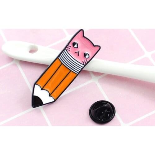 Pencil With Cat Face Brooch Cute And Romantic Style Pins Gift For Student Friend Personality Gift Stylish Funny Cartoon Shape
