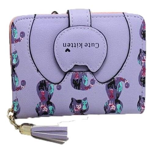 15PCS / LOT Lovely Cute Cat Women Girls Wallet Tassel Printing PU Leather Ladies Wallet Coin Purse Female Card Holder Money Bag