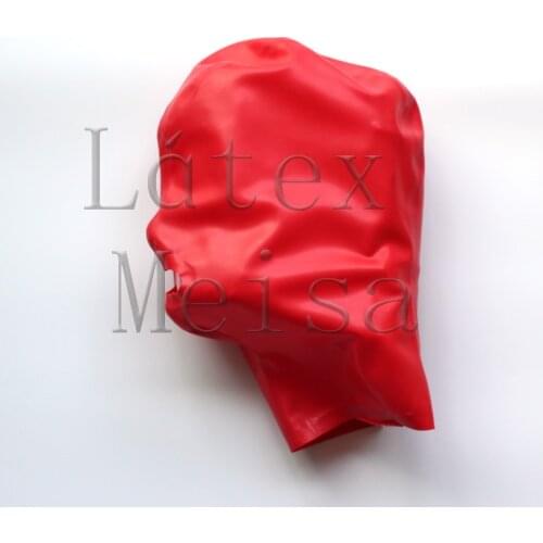 Red color latex hood bdsm open nostrils and mouth with back zip for adults