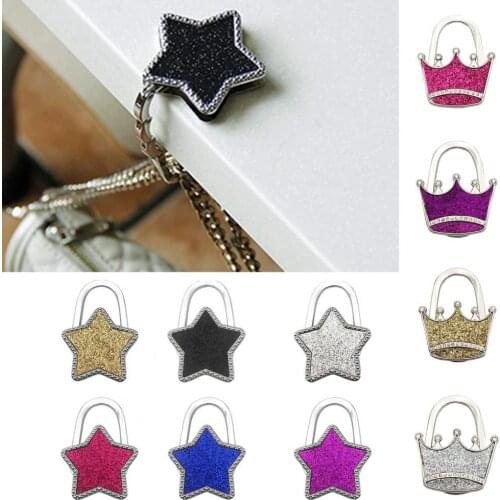 Bag Hook Shiny Folding Zinc Alloy Rhinestone Crown Star Table Edge Multifunction Handbag Hanger for Home Dormitory Decoration