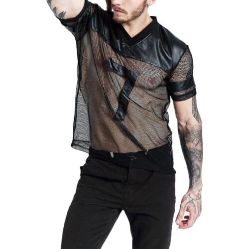 Men Undershirt Sheer Mesh PU Leather Patchwork T-shirts Breathable Gym Sports Jogging Shirts Male Wetlook Erotic Club Wear Tops