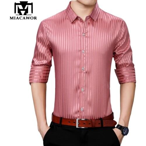 MIACAWOR New Shirts Men Luxury Striped Dress Shirts Long Sleeve Wedding Shirt White Pink Shirt Slim Fit Camisas Homme C706