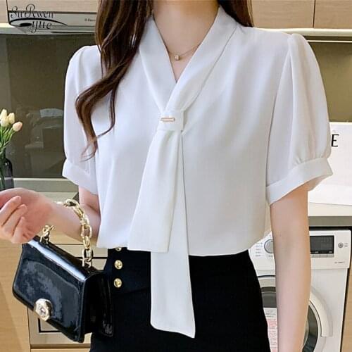 Fashion Women White Shirts 2021 Summer New Chiffon Blouse V Neck Blusas Women Tops Short Sleeve Female Clothing with Tie 16385