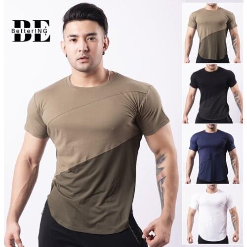 Spring-summer 2021 Solid Color Stretch Breathable Short Sleeve Running T-shirt Mens Crew Collar Patchwork Fitness Short Sleeve