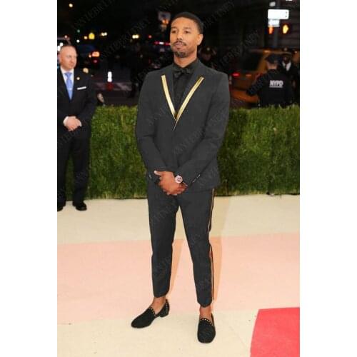 ANNIEBRITNEY Men Suit Set Custom Tuxedos Notched Lapel with Gold Trim Slim Fit Mens Suits Gray Groom Wedding Prom Blazer Pants