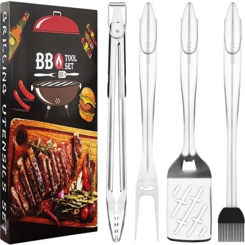 BBQ Grilling Tools Set 18” Heavy Duty 304 Stainless Steel Grill Utensils Spatula Fork Locking Tongs Basting Brush Extra Thick