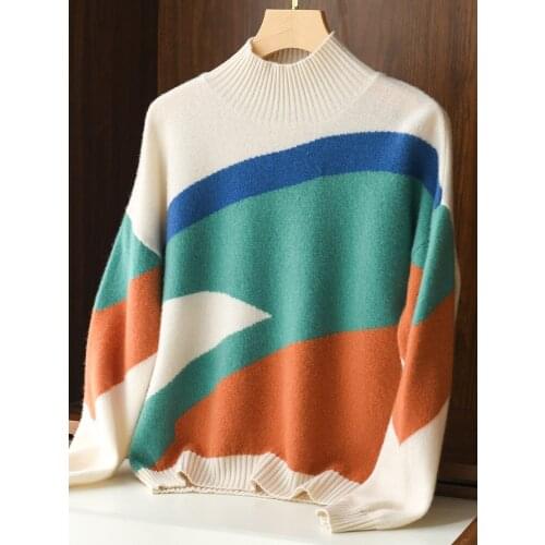 2021 Autumn And Winter New Half-High Neck Womens Cashmere Sweater Color Matching Long-Sleeved Loose Pullover Knitted Sweater