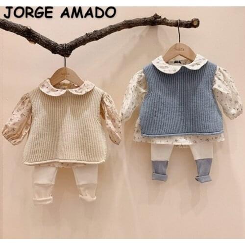 2021 New Spring Korean Style Kids Girls Floral Shirts + Wool Vest + Leggings + Cap Children Fashion Clothes E19