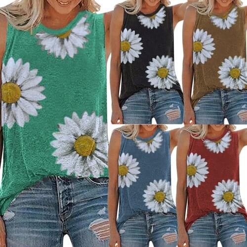 New Arrival 5 Colors Women Loose Daily Wear Vest Adult Casual Sleeveless Sunflower Print Crew Neck Pullover