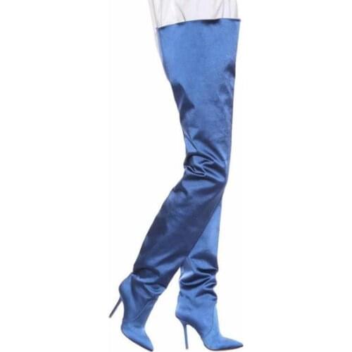 Sexy Thigh High Boots Satin Pointed-toe Stiletto Over-the-knee Boots Super High-heeled Long Pants, Trendy Womens Shoes Botas