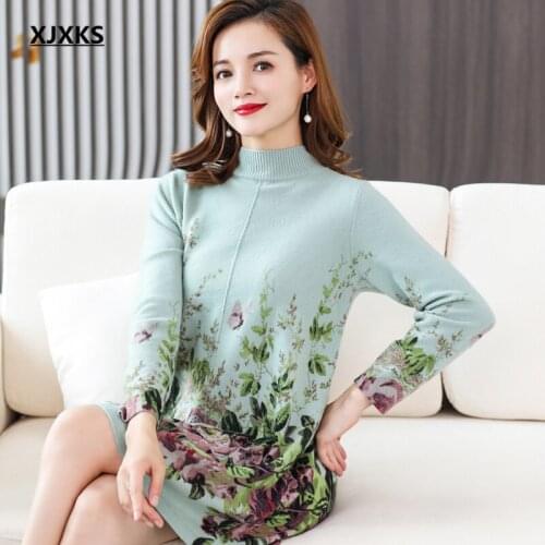 XJXKS 2021 autumn winter new women high-neck long sweater high-end 100% wool knitted dress women pullover