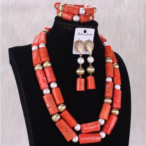 Dudo 14-15mm 22 Inches Nature Coral Jewelry Set With Gold and Silver Divider Necklace Bracelet Earrings Set Custom Available