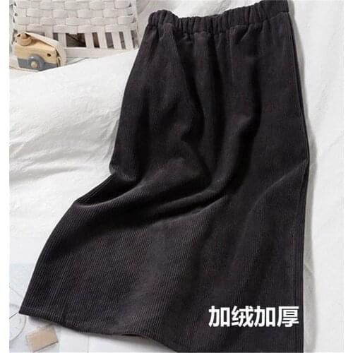 Hstar Corduroy Plus Velvet Hip Black Elastic High Waist Vintage Long Women Korea Back Split Winter Warm Thicken Midi Skirt