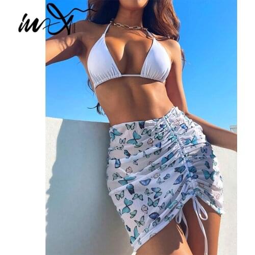 In-X Drawstring 3 piece swimsuit women Skirt bikini 2021 Butterfly swimwear Halter bathing suit female bathers biquini swim suit