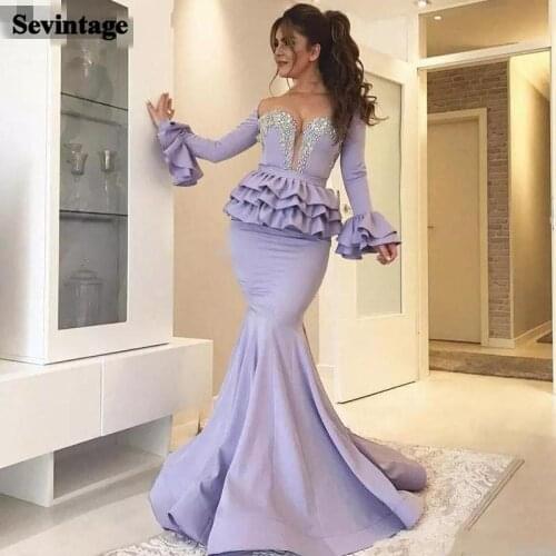 Sevintage Mermaid Long Sleeves Tiered Evening Dress Beaded Crystal Women Prom Gowns Off the Shoulder Special Occasion Dresses