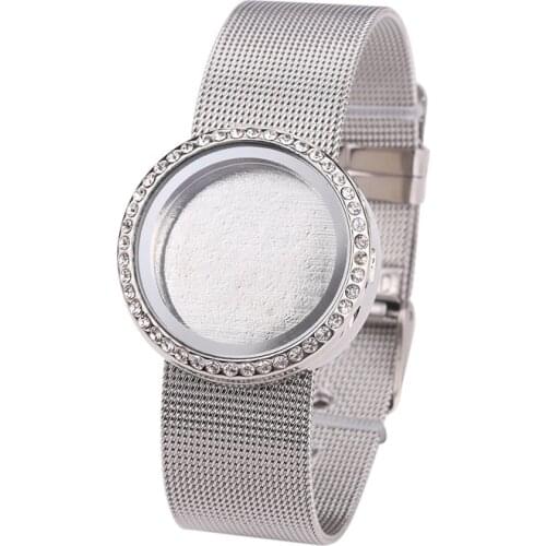 1pcs 30mm round with Rhinestone Floating charms Bangle Glass Living memory Locket stainless steel watch Bracelets For Women