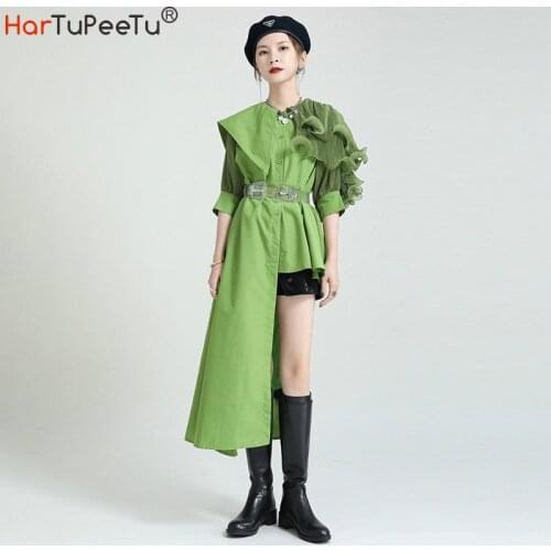 2 Styles Fashion Tunic Dress Midi Women Summer 2021Irregular Elegant Puff Sleeve Patchwork Ruffles Voile Vestido with PVC Belt