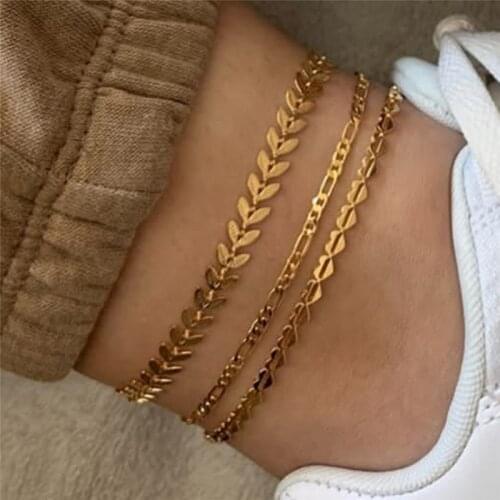IPARAM Vintage Gold Geometric Love Heart Chain Beach Anklet Women Simple Multilayer Chain Fishbone Chain Leg Jewelry Gift