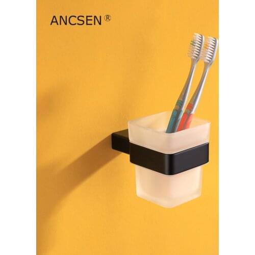 Matt Black Single Toothbrush Glass Cups Holder 304 Stainless Steel Toothbrush Tumbler Cup Holder Wall Mount Bathroom Accessori